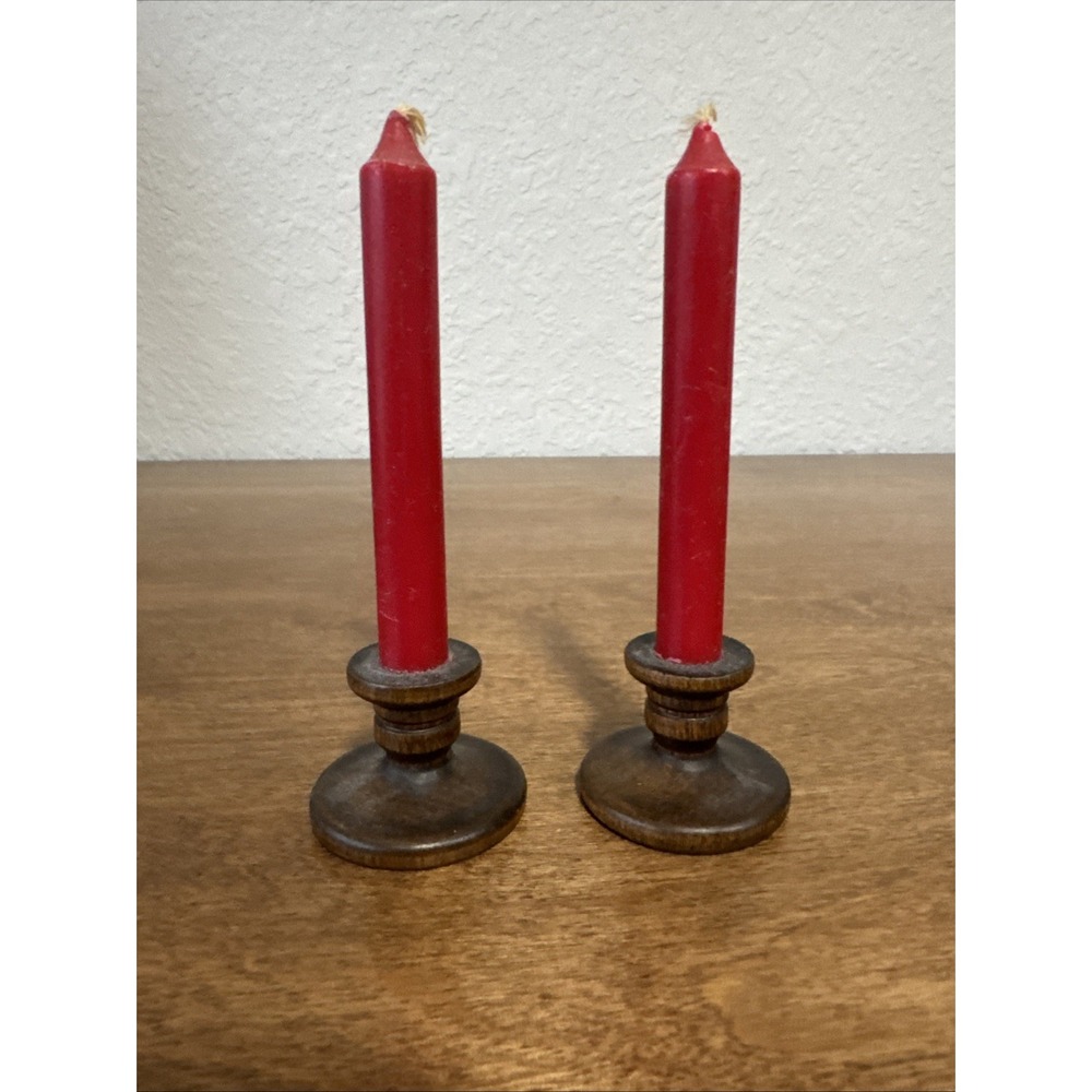Vintage Miniature Wood Candle Holders Red Tapered Candles Primitive Cottage Core
